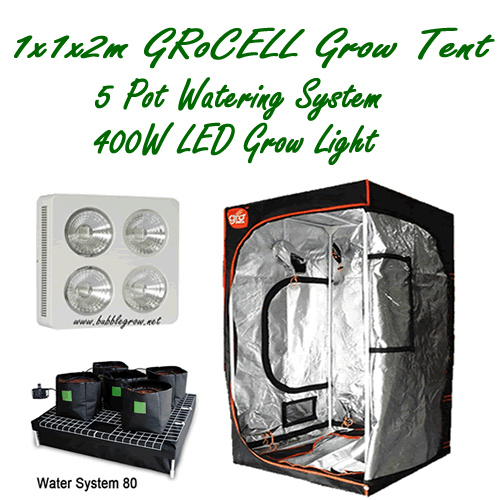 INDOOR GROW TENT 1X1X2M GroCELL + 400W LED GROW LIGHT + 5 POT HYDROPONIC SYSTEM